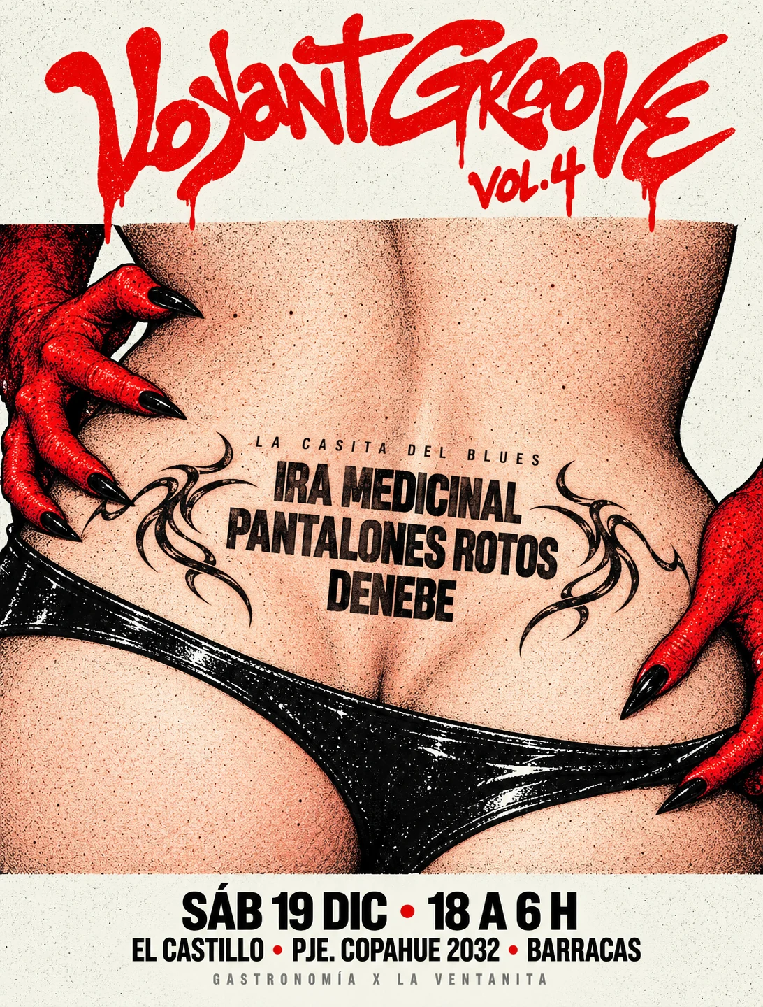 Flyer de La Casita del Blues, la sala de rock. Bandas: Ira Medicinal, Pantalones Rotos y Denebe. Sábado 19 de diciembre, de 18 a 6 h, en El Castillo, Pasaje Copahue 2032, Barracas.