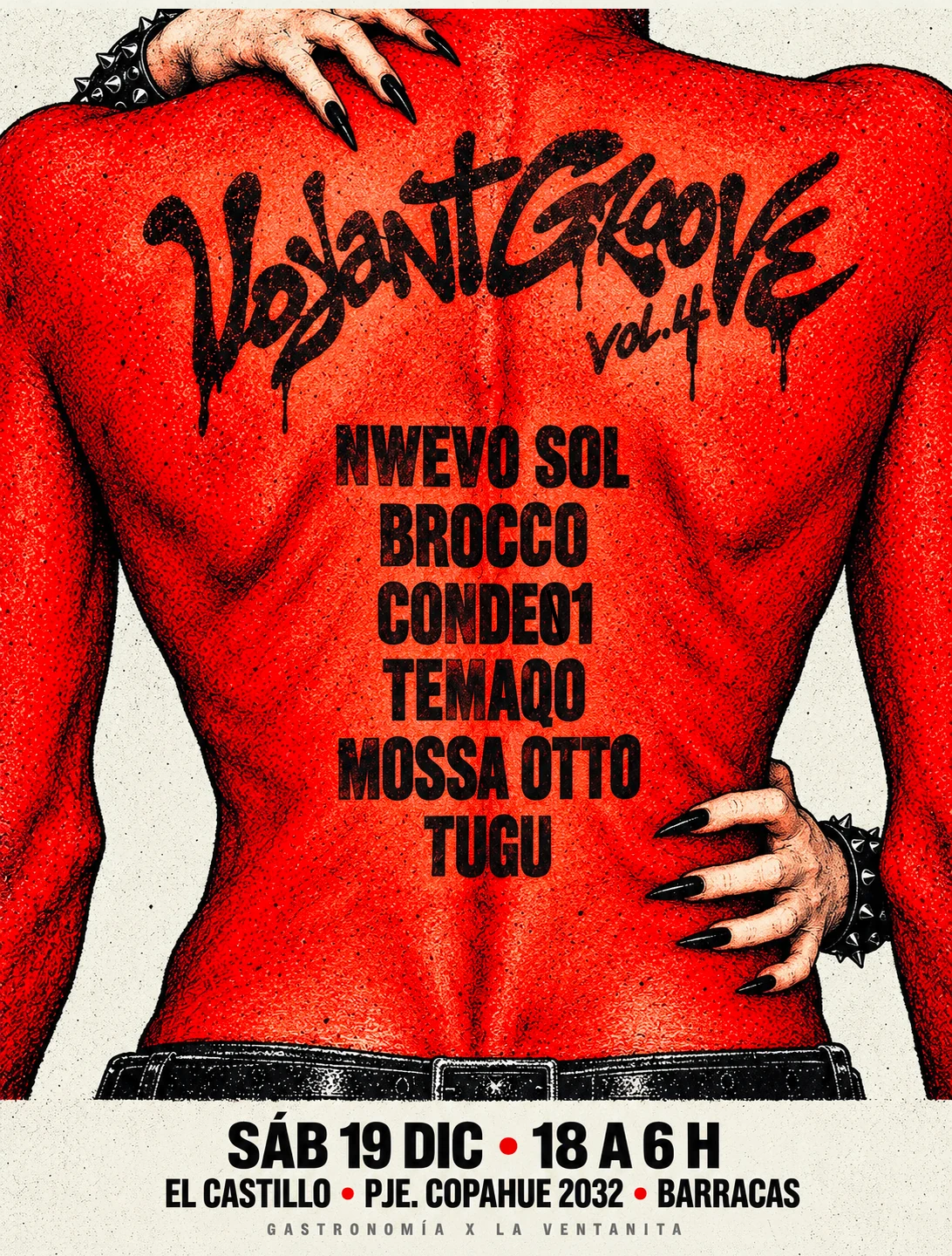Flyer de Giran Rolas, la pista principal. Lineup: Nwevo Sol, Brocco, Conde01, Temaqo, Mossa Otto y Tugu. Sábado 19 de diciembre, de 18 a 6 h, en El Castillo, Pasaje Copahue 2032, Barracas.